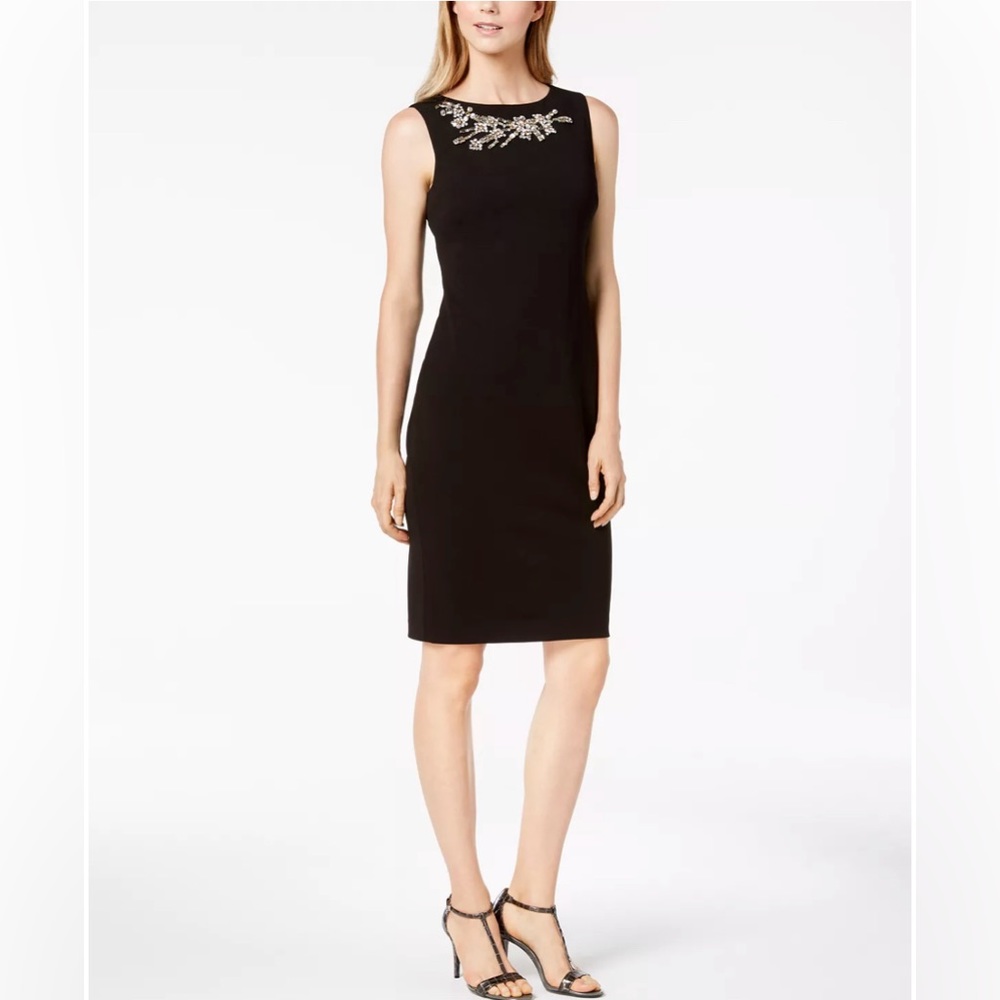 Calvin Klein Women Plus Size 20W Black Dress Jeweled Neckline Short Sleeves